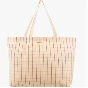Sezane Cream Pink Maroon Plaid Tote Bag